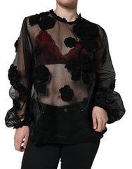 Dolce & Gabbana Black Nylon Mesh Transparent Floral Blouse - IT46|XL - Blouses