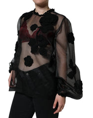 Dolce & Gabbana Black Nylon Mesh Transparent Floral Blouse - IT46|XL - Blouses