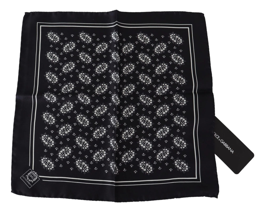 Dolce & Gabbana Black Patterned Square Scarf Silk Handkerchief - Handkerchiefs