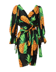 Dolce & Gabbana Black Pineapple Print Silk Wrap Mini Dress - IT38 | XS - Dresses