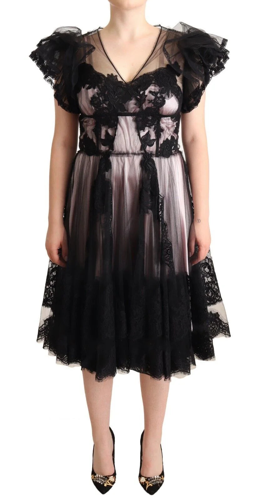Dolce & Gabbana Black Pink Floral Lace A-line Midi Sheer Dress - IT44|L - Dresses