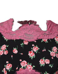 Dolce & Gabbana Black Pink Floral Lace Silk Sheath Dress - IT40|S