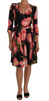 Dolce & Gabbana Black Pink Tulip Print Stretch Shift Dress - IT38|XS - Dresses