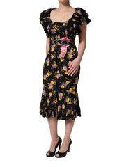 Dolce & Gabbana Black Purple Crystal Brooch Silk Midi Dress - IT42|M