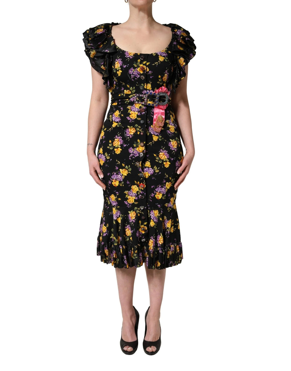 Dolce & Gabbana Black Purple Crystal Brooch Silk Midi Dress - IT42|M