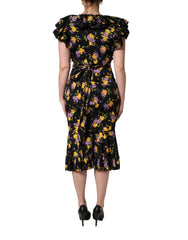 Dolce & Gabbana Black Purple Crystal Brooch Silk Midi Dress - IT42|M