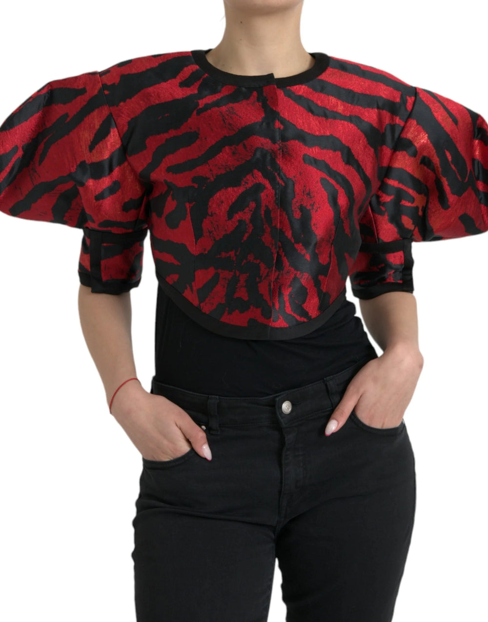 Dolce & Gabbana Black Red Patterned Cropped Coat Jacket - Sport Jackets