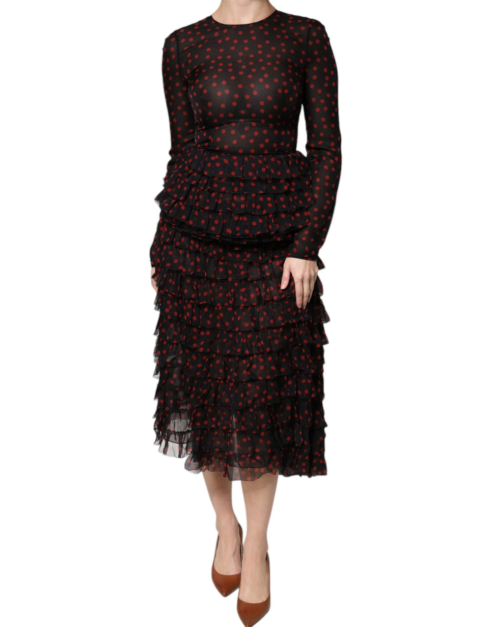 Dolce & Gabbana Black Red Polka Dot Silk Layered Midi Dress - IT40|S - Dresses