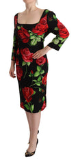 Dolce & Gabbana Black Red Roses Sheath Stretch Silk Dress - IT36 | XS - Dresses