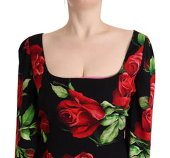 Dolce & Gabbana Black Red Roses Sheath Stretch Silk Dress - IT36 | XS - Dresses