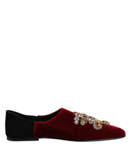 Dolce & Gabbana Black Red Velvet Embellished Slip On Shoes - EU45/US12 - Flats