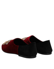 Dolce & Gabbana Black Red Velvet Embellished Slip On Shoes - EU45/US12