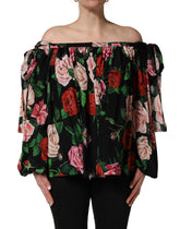 Dolce & Gabbana Black Rose Print Silk Off The Shoulder Blouse Top