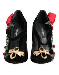 Dolce & Gabbana Black Roses Crystal Brooch Mary Jane Shoes - Heels