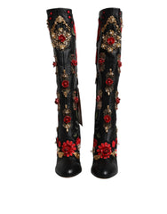 Dolce & Gabbana Black Roses Embellished Leather Heel Boots Shoes - EU39/US8.5 - Boots