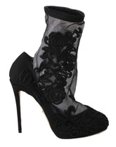 Dolce & Gabbana Black Roses Stilettos Booties Socks Shoes - EU39/US8.5 - Boots