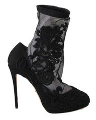 Dolce & Gabbana Black Roses Stilettos Booties Socks Shoes - EU39/US8.5 - Boots