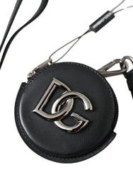 Dolce & Gabbana Black Round Leather DG Logo Coin Purse Lanyard Wallet - Coin Purses