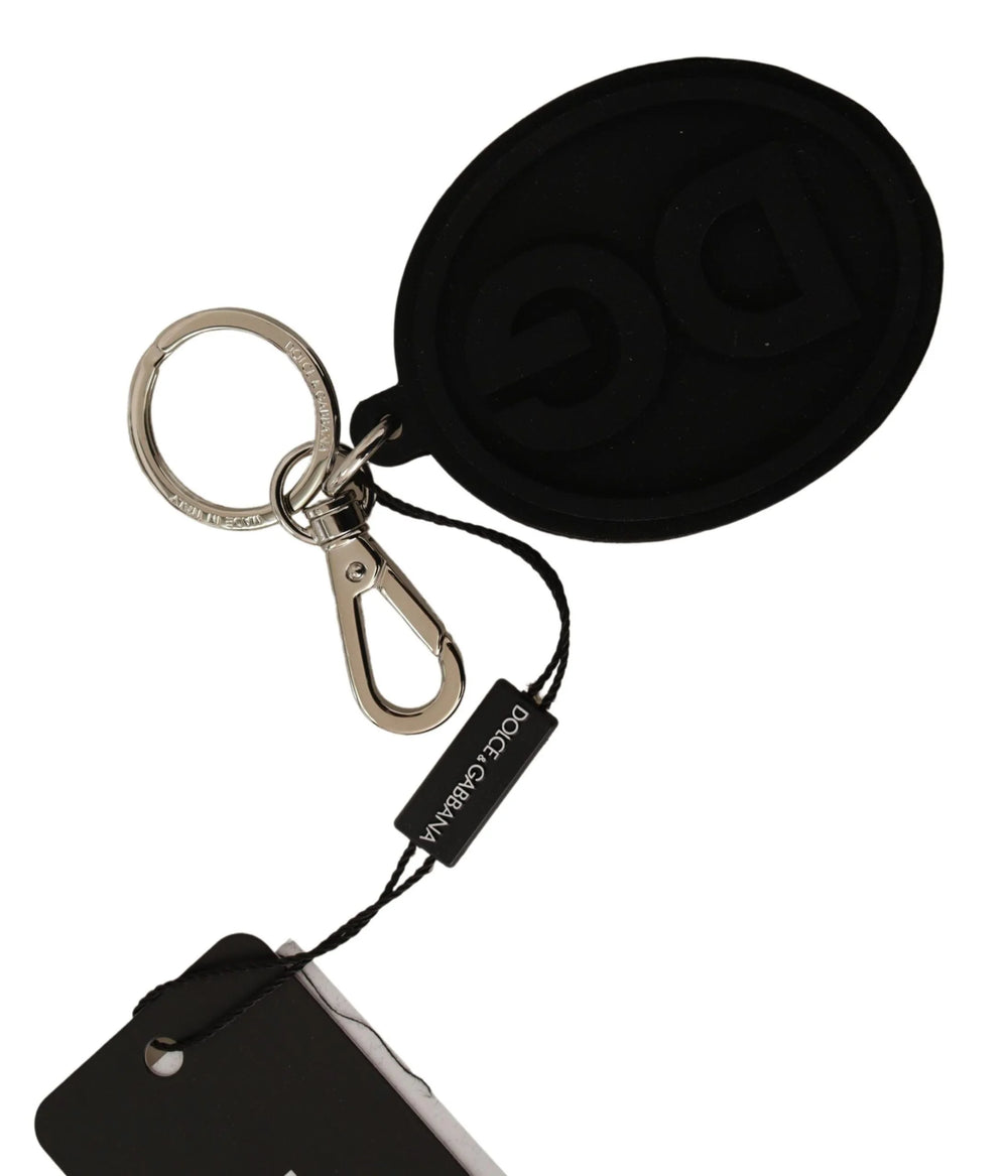 Dolce & Gabbana Black Rubber DG Logo Silver Brass Metal Keychain - Keychains