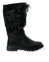 Dolce & Gabbana Black Rubber Lace Up Shearling Rain Boots Shoes - Boots