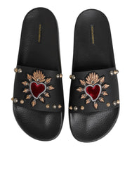 Dolce & Gabbana Black Rubber Sacred Heart Slides Men Beachwear Shoes - EU45/US12 - Sandals