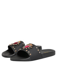 Dolce & Gabbana Black Rubber Sacred Heart Slides Men Beachwear Shoes - EU45/US12 - Sandals
