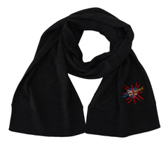 Dolce & Gabbana svart ullskjerf med Sacred Heart og DGLovesLondon motiv i en raffinert viklestil.