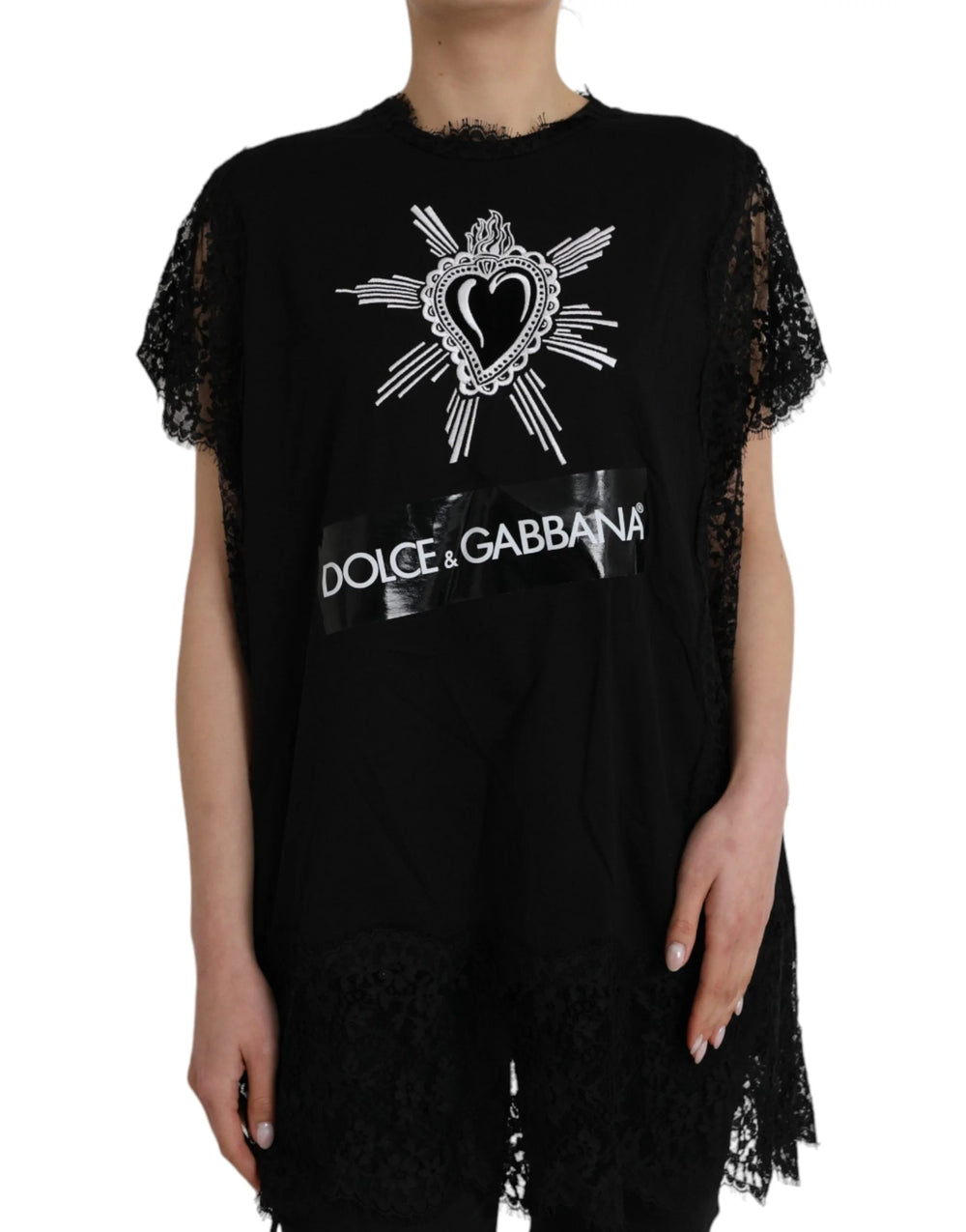 Dolce & Gabbana Black Sacred Heart Print Cotton Lace T-shirt - IT42|M - T-Shirts