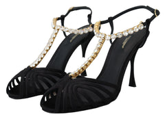 Dolce & Gabbana Black Satin Clear Crystal T-strap Sandal Shoes - Sandals