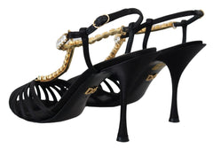 Dolce & Gabbana Black Satin Clear Crystal T-strap Sandal Shoes - Sandals