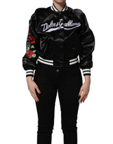 Dolce & Gabbana Svart Satin Blomsterbrodert Bomberjakke