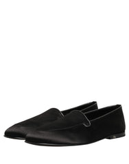 Dolce & Gabbana Black Satin Logo Slip On Flats Loafers Shoes