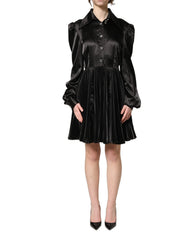 Dolce & Gabbana Black Satin Long Puff Sleeves Pleated Dress - IT40|S