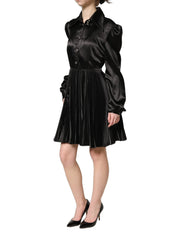 Dolce & Gabbana Black Satin Long Puff Sleeves Pleated Dress - IT40|S