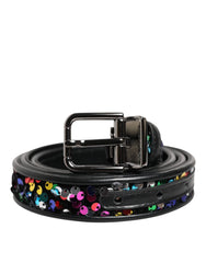 Dolce & Gabbana Black Sequin Embellished Metal Buckle Belt - 95 cm / 38 Inches - Belts