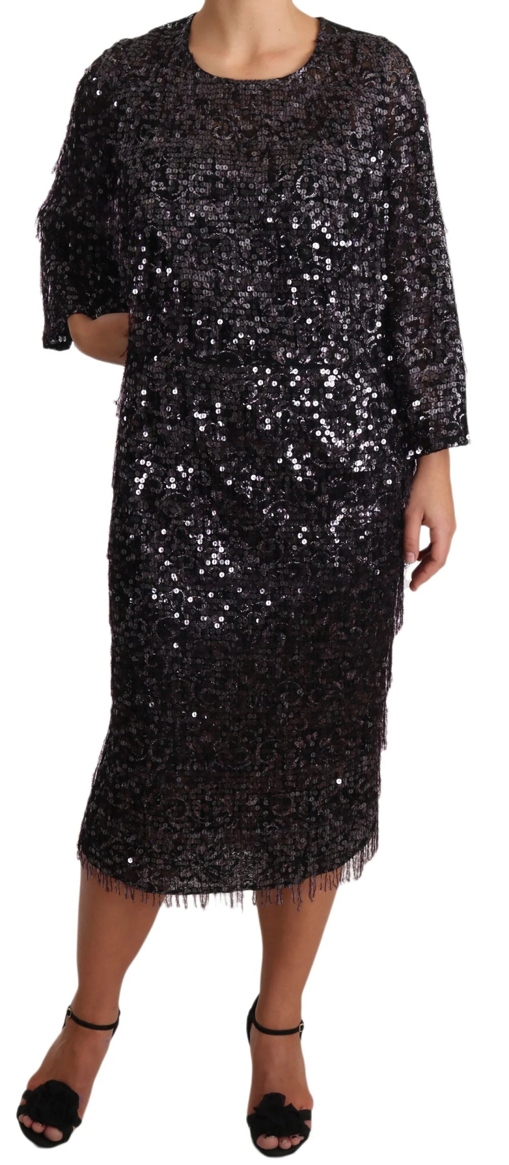 Dolce & Gabbana Black Sequined Long Sleeve Shift Midi Dress - IT42|M - Dresses