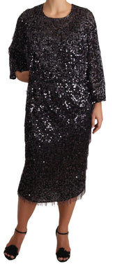 Dolce & Gabbana Black Sequined Long Sleeve Shift Midi Dress - IT42|M - Dresses