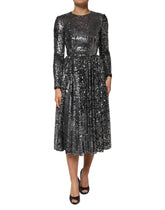 Dolce & Gabbana Black Sequined Long Sleeves Midi A-line Dress - IT40|S - Dresses
