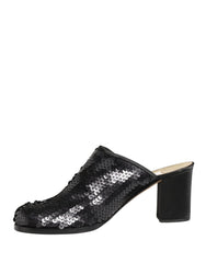Top-down view of Dolce & Gabbana luxury mules, revealing the branded leather insole and shimmering sequin embellishments.
