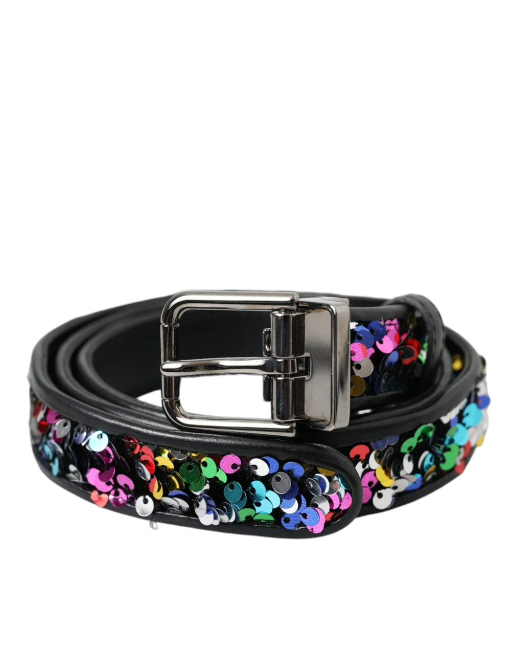 Dolce & Gabbana Black Sequined Silver Metal Buckle Women Belt - 90 cm / 36 Inches - Belts