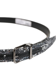 Dolce & Gabbana Black Sequins Silver Metal Logo Buckle Belt - 90 cm / 36 Inches - Belts