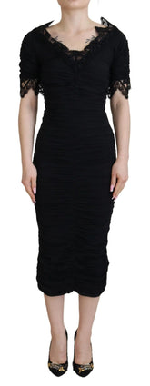 Dolce & Gabbana Black Sheath Midi Bodycon Lace Silk Dress - Dresses