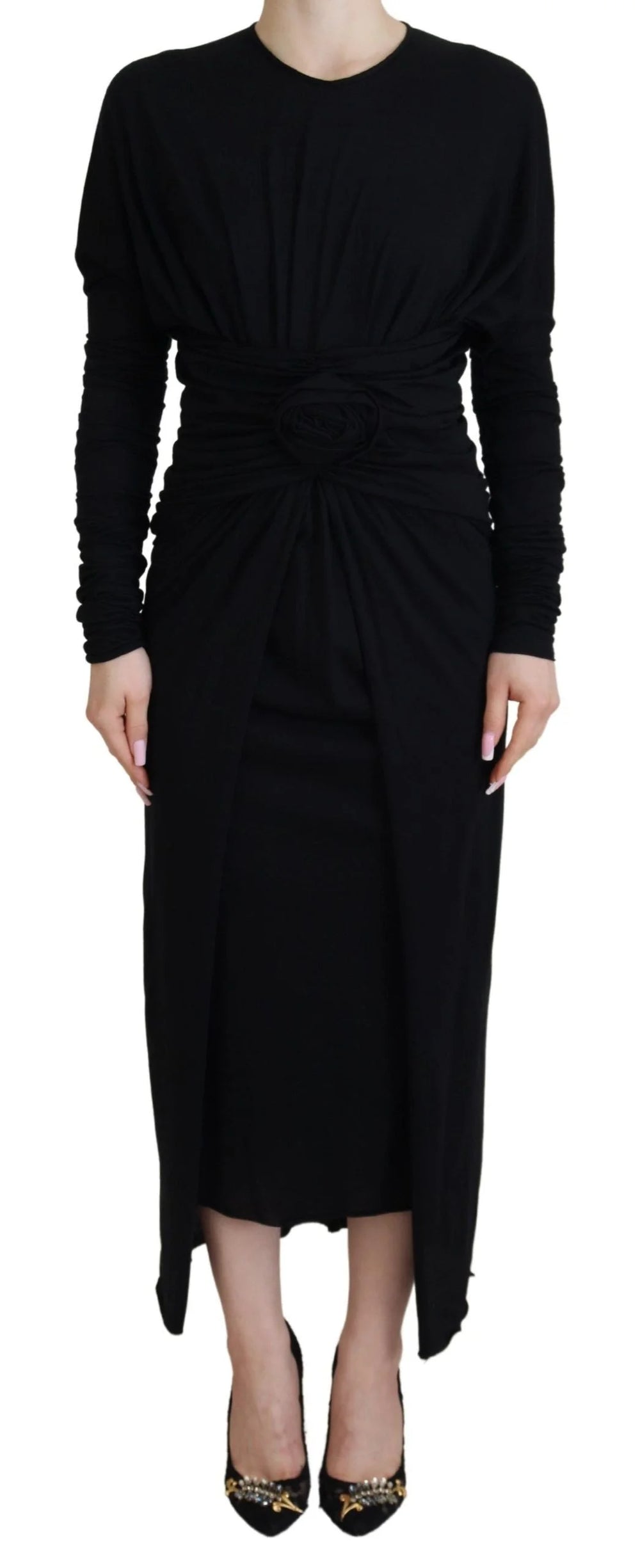 Dolce & Gabbana Black Sheath Midi Gown Wool Wrap Dress - Dresses