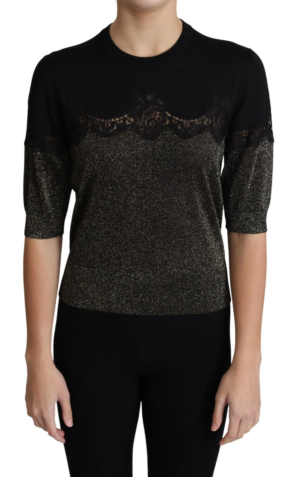 Dolce & Gabbana Black Shiny Lurex Lace Insert Pullover Top - Sweaters