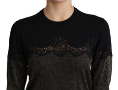 Dolce & Gabbana Black Shiny Lurex Lace Insert Pullover Top - Sweaters