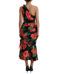 Dolce & Gabbana Black Shiny Silk Floral Print Draped Dress - IT44 | L - Dresses