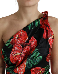 Dolce & Gabbana Black Shiny Silk Floral Print Draped Dress - IT44 | L - Dresses