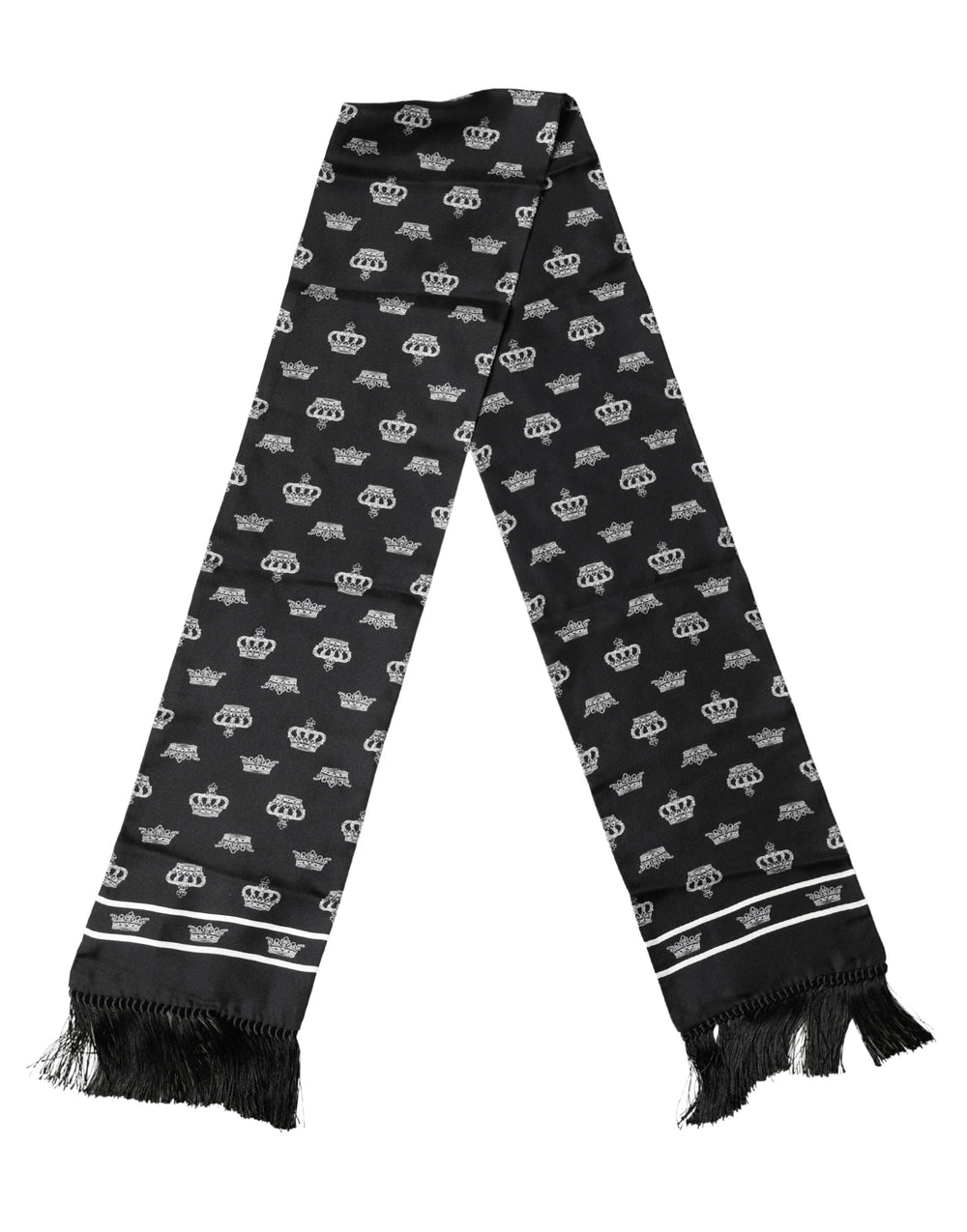 Dolce & Gabbana Black Silk Crown Fringes Neck Wrap Shawl 136cm X 15cm Scarf
