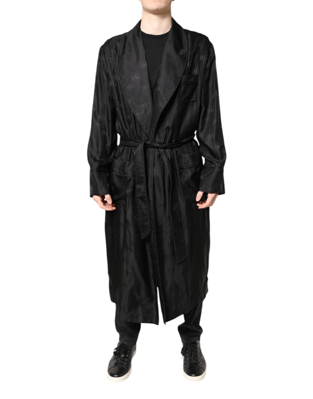 Dolce & Gabbana Black Silk DG Logo Men Wrap Robe Coat Jacket - IT46 | S - Wrap Coats