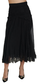 Dolce & Gabbana Black Silk Lace Trim High Waist Midi Skirt - IT40|S - Skirts